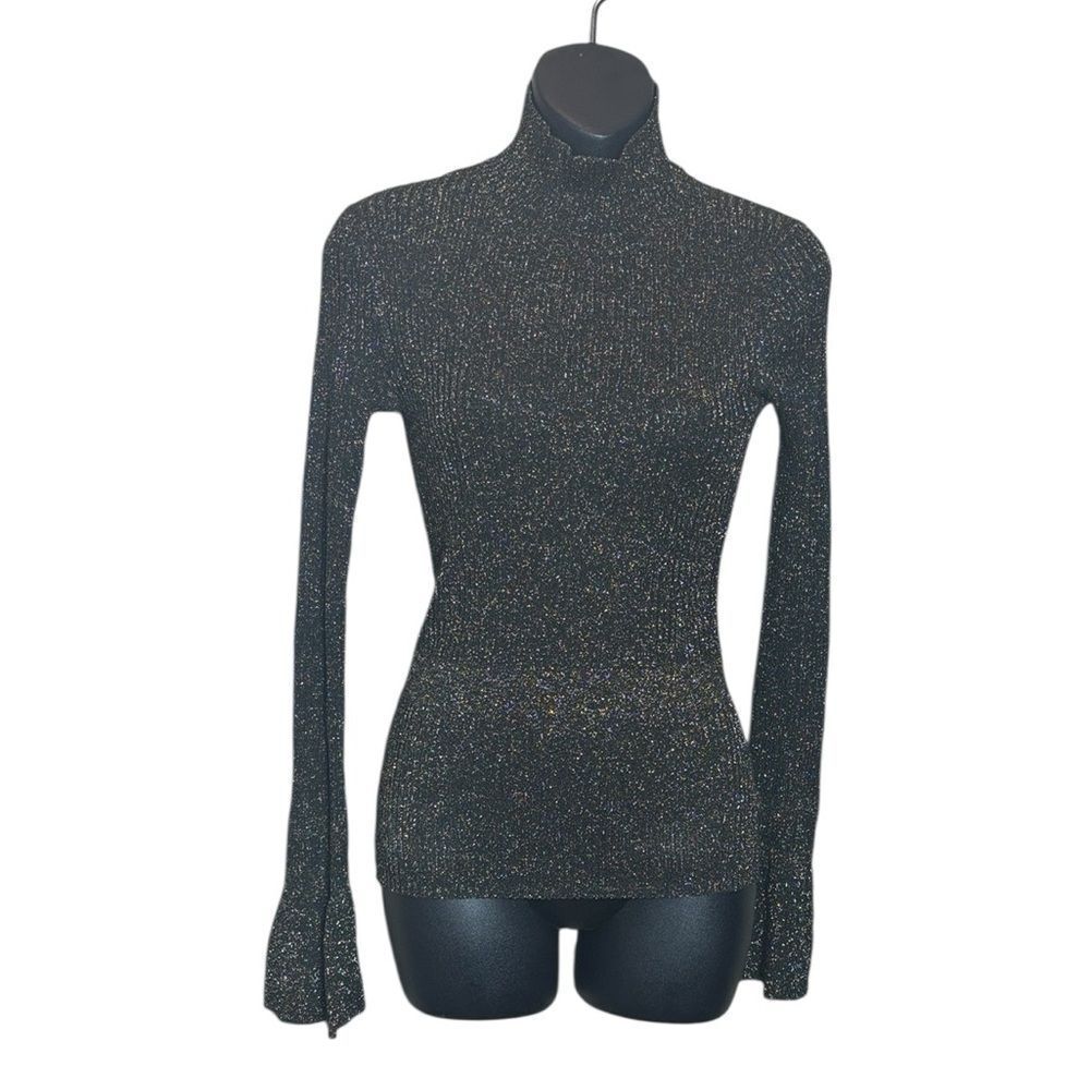 Veronica beard women’s xs‎ top metallic shimmer ribbed turtleneck flare sleeve